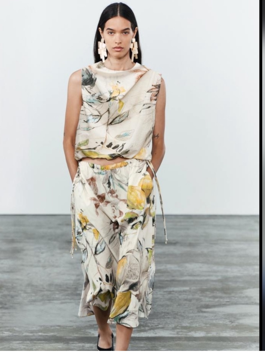 New Zara Zara Lemon Printed Pleated High-Waist Summer Midi Skirt Size Xs